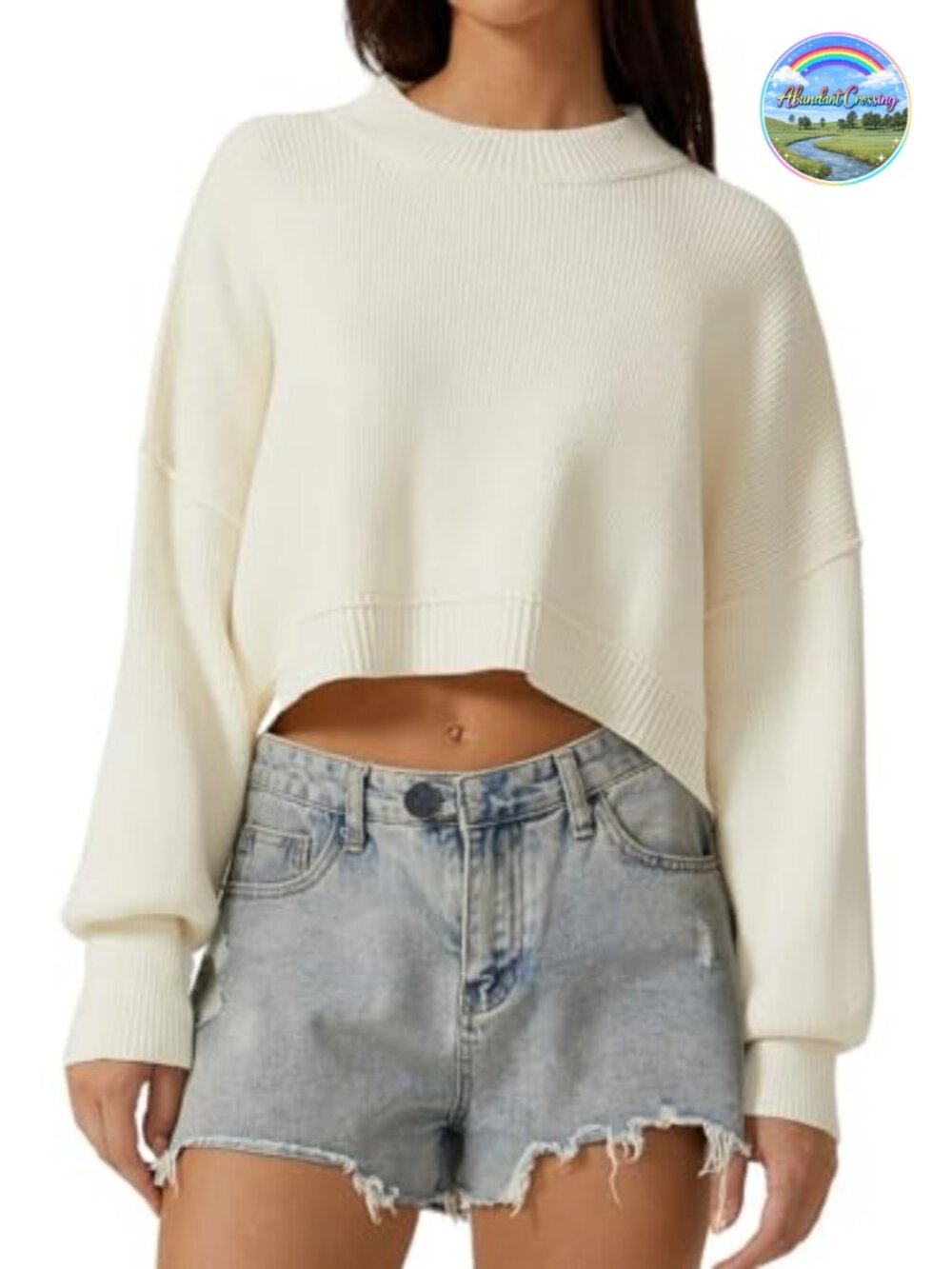 Women's Mock Neck Cropped Sweater Long Sleeve Drop Shoulder Oversized Knit